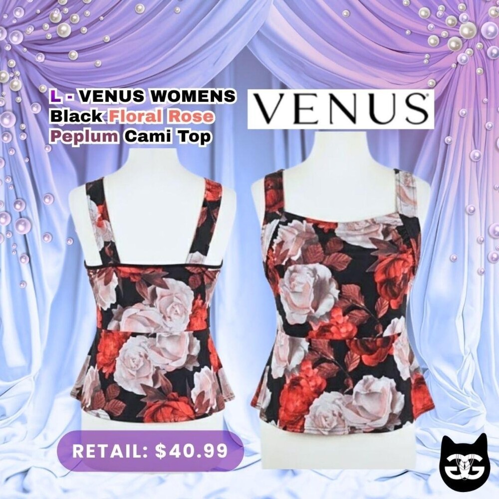 L - Venus Women's Cowl Neck Floral Rose Print Peplum Cami Vintage top